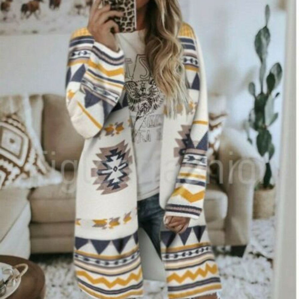 New Cowichan Print Blanket Western Cardigan Sweater Coat. - Picture 2 of 7